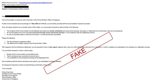 ▲詐騙分子透過電子郵件要求受害者簽署會議保密協議。（圖／翻攝自Singapore Police Force）