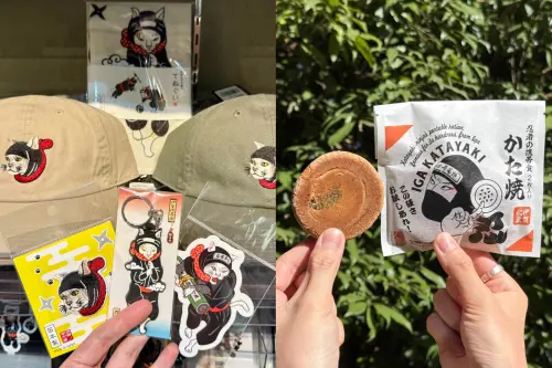 ▲忍者貓周邊商品讓人淪陷；復刻忍者糧食的「堅燒煎餅」，被譽為全日本最硬餅乾。（圖／記者蕭涵云攝）