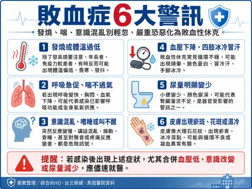 ▲一圖看完敗血症6大警訊。（圖／ChatGPT生成，周淑萍監製）