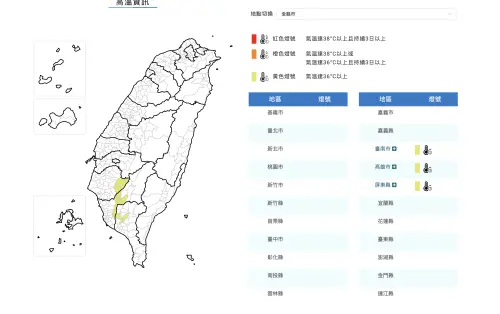▲.中央氣象署發布高溫資訊，台南市、高雄市及屏東縣亮起黃色燈號，提醒民眾慎防高溫悶熱，外出注意補水防曬。（圖／中央氣象署cwa.gov.tw）