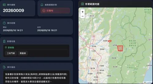 ▲雷雨胞北移中！氣象署針對屏東山區發布災防告警，警戒範圍涵蓋三地門鄉與霧臺鄉 ；警報自 14 時 21 分起預計持續 2 小時至 16 時 21 分，特別提醒沙漠溪（海神宮）與隘寮北溪（飛龍瀑布群）一帶已有暴雨發生機率，民眾務必隨時留意溪水暴漲並迅速遠離河床區域 。（圖／中央氣象署提供,cwa.gov.tw）