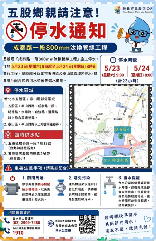 ▲新北市水利局提醒民眾提前儲水，並建議於停水前6小時完成，以免集中儲水影響末端住戶用水。現場也將設置2處臨時供水站與水車待命，協助居民取水與緊急送水。（圖／取自新北市五股區公所臉書粉專）