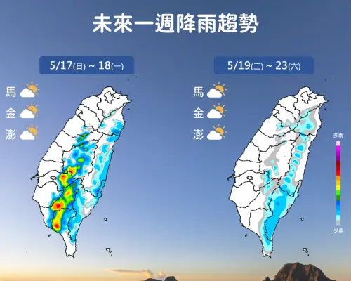 ▲未來一周沒有鋒面影響，全台大致為多雲到晴的悶熱天氣，午後因熱對流影響會有雷雨出現。（圖／中央氣象署）