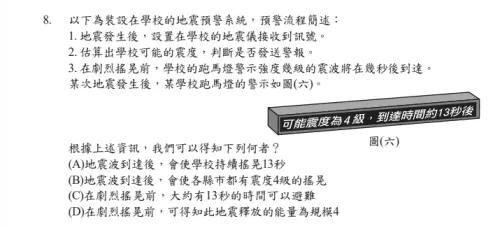 ▲115會考自然科第八題考到地震相關問題，沒想到當天早上真的發生地震，且最大震度也是題目所說的4級，引爆考生及家長討論。（圖/心測中心提供）