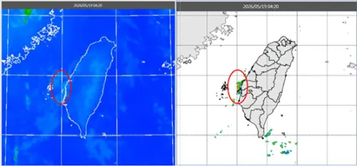 ▲今晨全台天氣大致晴朗，僅雲嘉沿海受陸風環流影響有局部雲系發展，但未形成明顯降雨。（圖／翻攝自「氣象應用推廣基金會．老大洩天機」專欄）