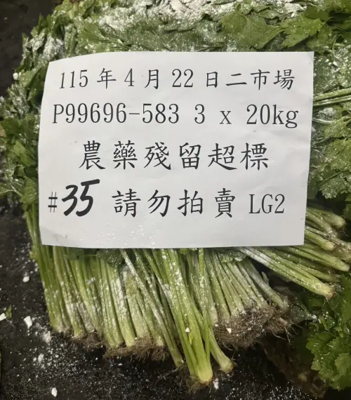 ▲4 月份北農攔截銷毀逾 5.8 公噸蔬果，芹菜為主要不合格品項之一，違規貨品均灑上白粉標記並報廢，防止流入市面。（圖／北市市場處提供）