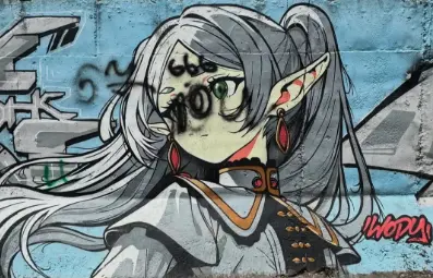 ▲《葬送的芙莉蓮》和《鏈鋸人》蕾潔超美街頭塗鴉，近期在網路上爆紅，卻遭到不明人士以黑色噴漆惡意破壞。（圖／作者阿爾斯蘭）