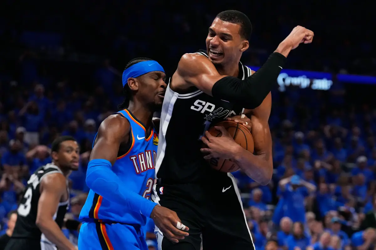 ▲雷霆與馬刺將在明台灣時間（21）日展開西決次戰，雷霆先前在面對馬刺226公分的怪物中鋒文班亞馬（Victor Wembanyama）時，禁區防線全面失守釀敗局。（圖／美聯／達志影像）