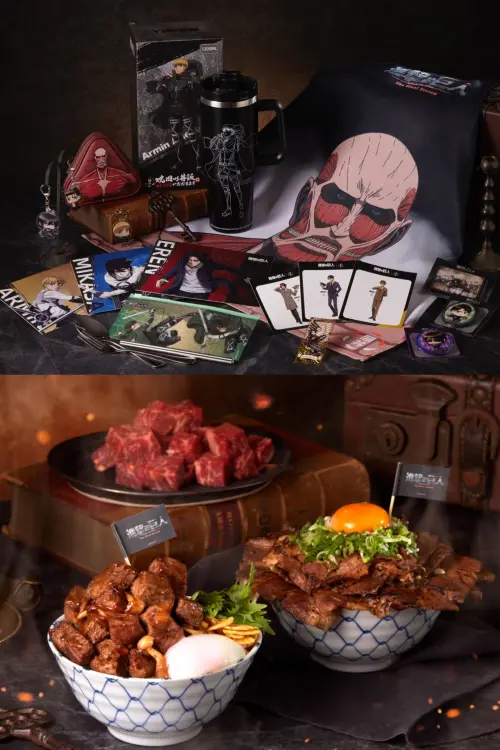 ▲《進擊的巨人》降臨開丼開吃「地鳴級肉浪」骰子菲力丼與日出燒肉丼！還有13款聯名周邊商品。（圖／開丼提供）