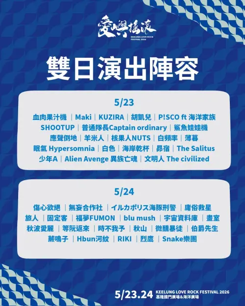 ▲基隆「愛嶼搖滾 LOVE ROCK 音樂祭」兩日表演卡司（圖／取自基隆市文化觀光局臉書）