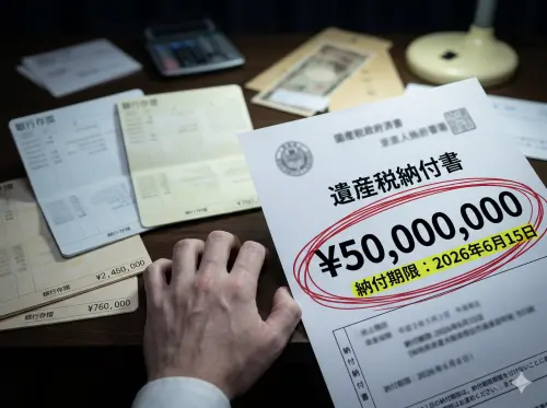 ▲繼承 8,000 萬股票卻面臨「現金繳稅」難題！稅法規定遺產稅需在限期內以現金支付，圖中高達千萬元的稅單與餘額不足的存摺形成強烈對比，成為子女繼承時的第一道沈重難關。（示意圖／Gemini 製圖／NOWNEWS 監製）