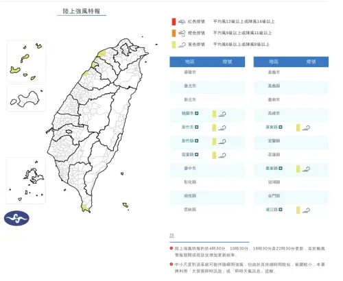 ▲注意強陣風！氣象署發布「陸上強風特報」，桃園、新竹、苗栗、屏東、台東及連江防 8 級強風，請牢固戶外物品並注意行車安全。（圖／中央氣象署提供,cwa.gov.tw）