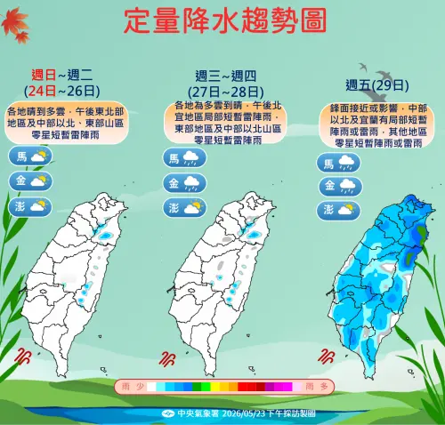 ▲下周五鋒面接近或影響，全台變天轉雨，中部以北及東北部地區有局部短暫陣雨或雷雨，其他地區有零星短暫陣雨或雷雨。（圖／中央氣象署提供）