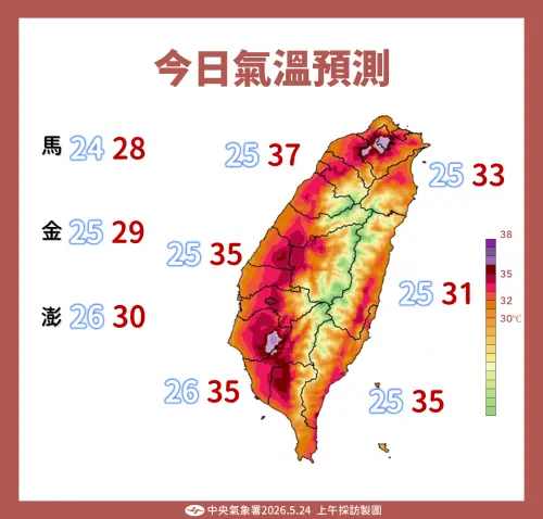 ▲全台高溫炎熱，大台北、花東地區及中南部近山區有37度高溫發生機率。（圖／中央氣象署）