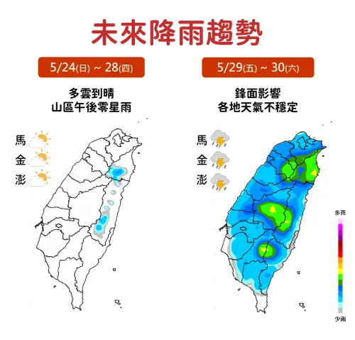 ▲氣象署指出，周四之前全台晴到多雲，午後有些雷陣雨，周五鋒面通過，各地降雨機率都會提高。（圖／中央氣象署）