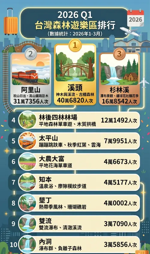 ▲2026 年第一季台灣森林遊樂區遊客人次排行。（圖／Gemini生成）