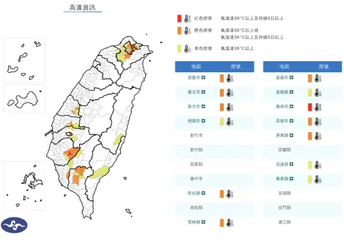 ▲氣象署發布「高溫資訊」，提醒台灣各地注意36度以上高溫。（圖／中央氣象署）