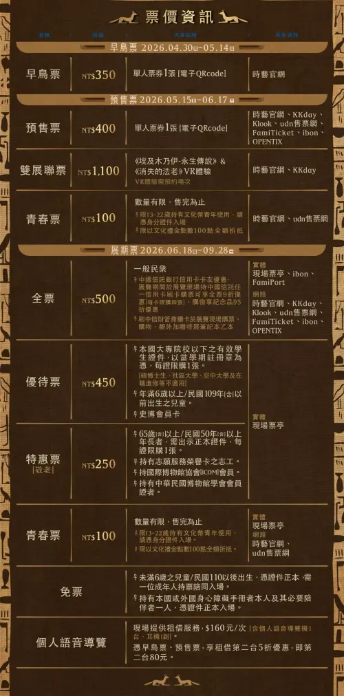 ▲國立歷史博物館《埃及木乃伊—永生傳說》票價資訊一圖看懂。（圖／翻攝自時藝多媒體官網）