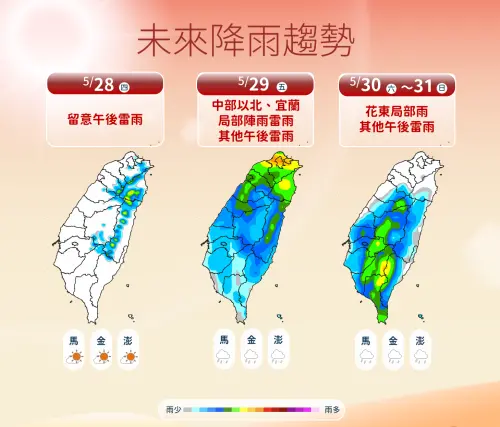 ▲周五有一波鋒面影響台灣，中部以北雨勢明顯，南台灣降雨機率也提高。（圖／中央氣象署）