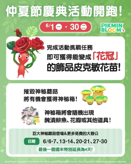 ▲《Pikmin Bloom》6月主題蘑菇主打「神秘蘑菇」，周末期間則有「巨型神秘蘑菇」。（圖／《Pikmin Bloom》官網）