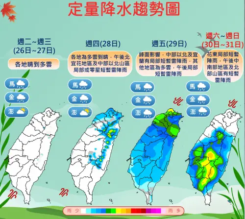 ▲周五有一波鋒面影響台灣，中部以北雨勢明顯，南台灣降雨機率也提高。（圖／中央氣象署）