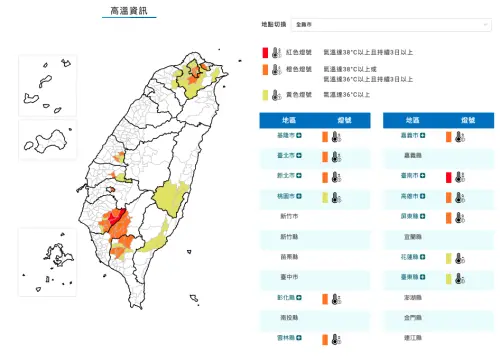 ▲氣象署發布高溫特報，示警台東可能有焚風發生，台南地區有連續出現38度極端高溫的機率。（圖／翻攝自中央氣象署）