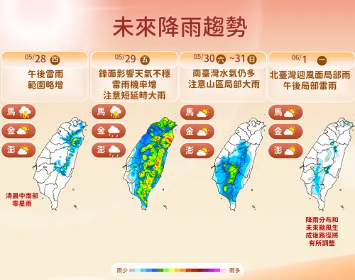 ▲今天至周四各地為多雲到晴天氣，周五受鋒面影響，中部以北、宜蘭有局部短暫陣雨或雷雨。（圖／中央氣象署）