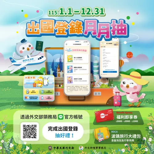 ▲2026最新旅遊補助！出國玩「爽領5000元」，加入外交部領事事務局LINE「出國登錄月月抽」活動。（圖／翻攝自外交部領事事務局官網）