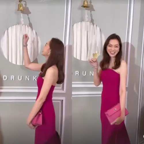 ▲曾馨瑩拎著桃紅色鴕鳥皮的凱莉手拿包出席婚宴。（圖／翻攝自HsinYing 曾馨瑩IG@hsin_ying_tseng）