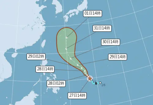 ▲薔蜜颱風今（27）日上午8時生成，路徑將從菲律賓東方海面往西北移動，抵達琉球附近後朝東北轉向。（圖／中央氣象署）