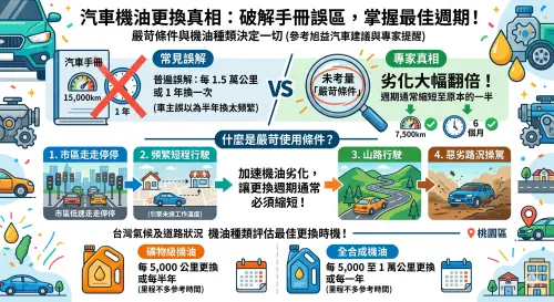 ▲多數汽車標示「每 1.5 萬公里或 1 年更換一次」，但其實台灣旭益汽車過去也曾針對台灣的天氣型態與路況提出建議，除了參考車主手冊，油品種類也有差異。（圖／Gemini生成）