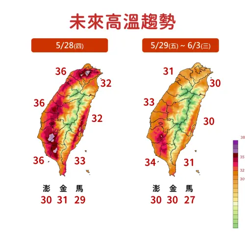 ▲周三、周四持續維持高溫炎熱，局部地區飆破37度，周五降雨氣溫才下滑。（圖／中央氣象署）