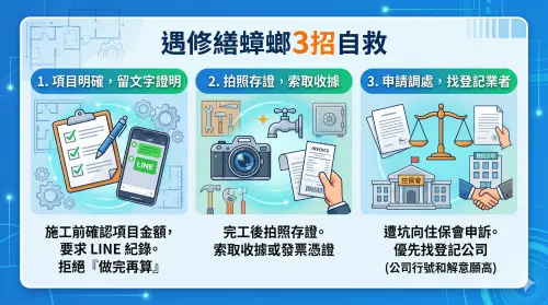 ▲遇修繕糾紛別自認倒楣！住保會創會理事長吳翃毅傳授「自救 3 招」，從施工前的文字存證到完工後的憑證索取，教你如何有效反制惡質修繕蟑螂。（圖／Gemini 製圖／NOWNEWS 監製）