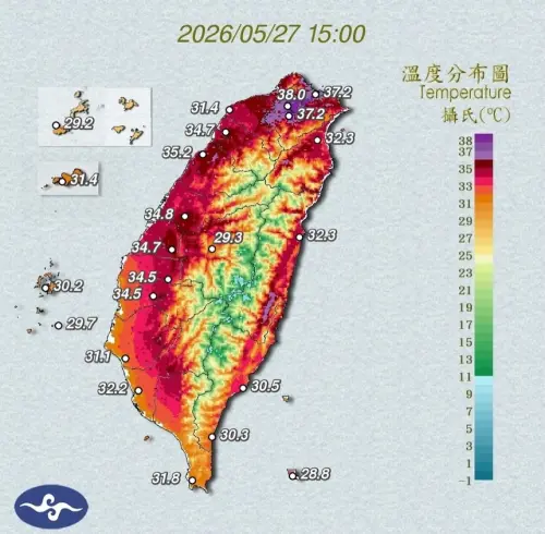 ▲全台灣昨天熱到不行，北部地區甚至熱到發紫，不少人體感今年五月比去年都還熱非常多，出門高溫難耐。（圖/中央氣象署cwa.gov.tw）