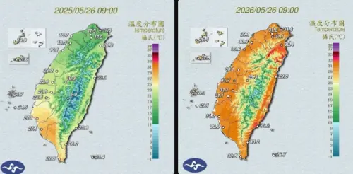 ▲網友翻出去年同日5月27早上九點的溫度分佈圖，結果完全是不同級別，讓許多人崩潰：「能活過夏天嗎？」（圖/中央氣象署cwa.gov.tw）