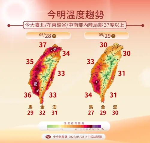 ▲今日大台北、中南部有局部37度以上高溫發生機會。（圖／中央氣象署提供）
