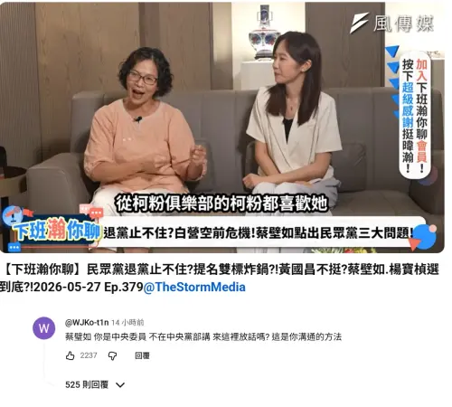 ▲蔡壁如昨天上網路節目，引爆創黨主席柯文哲親自留言反嗆。（圖／翻攝下班瀚你聊YT，2026.05.28）