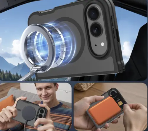 ▲疑似iPhone 18 Fold保護殼主打MagSafe磁吸設計，可搭配磁吸支架、車用支架與卡套等配件，不過蘋果尚未證實摺疊iPhone相關規格。（圖／翻攝iFunSmart官網）
