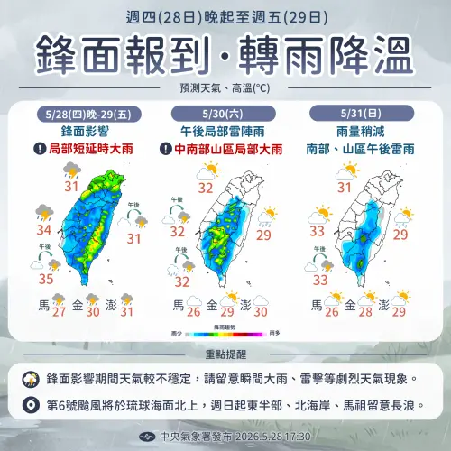 ▲今晚至明天受到鋒面影響，各地天氣不穩定，局部地區有短延時強降雨。（圖／中央氣象署提供）