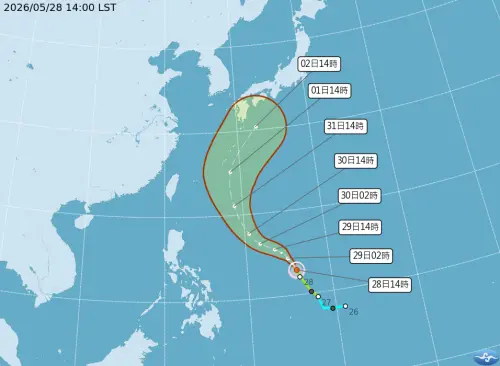 ▲薔蜜颱風28日14時的中心位置在鵝鑾鼻東南東方約1880公里海面。（圖／中央氣象署提供）