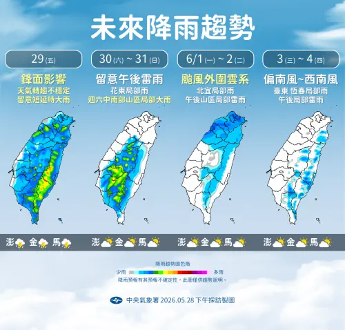 ▲下周日、下周一薔蜜颱風最接近台灣，受颱風外圍雲系影響，迎風面北部及宜蘭降雨機率增加。（圖／中央氣象署提供）