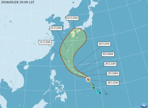 ▲下周一、下周二薔蜜颱風最靠近台灣，外圍雲系為北台灣帶來降雨。（圖／取自中央氣象署）
