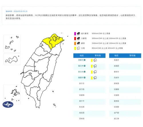 ▲中央氣象署今天清晨也對基隆、台北、新北、桃園發布大雨特報，一直下到晚上，民眾上下班記得要攜帶雨具。（圖/中央氣象署cwa.gov.tw）