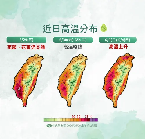 ▲今日白天臺南市、屏東縣地區為紅色燈號，有連續出現38度極端高溫的機率。（圖／取自中央氣象署）