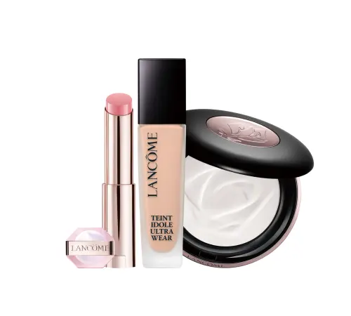▲遠百嘉義Lancôme蘭蔻零粉感底妝組，結合零粉感超持久粉底、柔焦蜜粉餅與玫瑰裸光潤唇膏，打造輕透自然裸肌妝效，建議售價6,217元，特價3,950元。（圖／遠百提供）