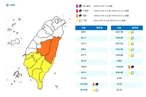 ▲氣象署指出，今日花蓮縣地區及南投縣山區有局部大雨或豪雨，嘉義以南、台東地區及雲林山區有局部大雨發生的機率。（圖／翻攝自中央氣象署）