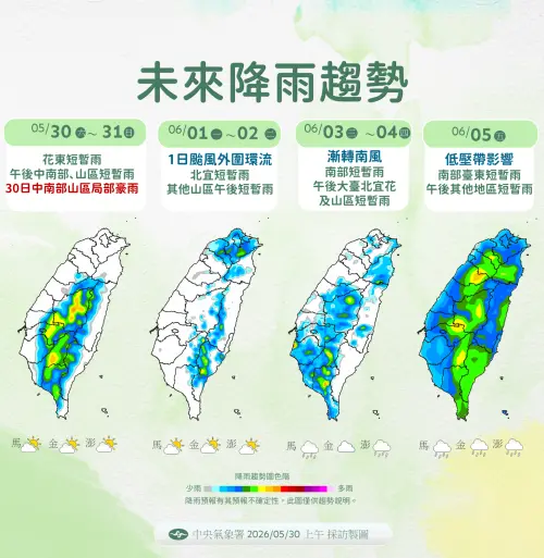 ▲今明兩天各地多雲到晴的天氣為主，午後中南部地區、山區有局部短暫雷陣雨。（圖／中央氣象署提供）