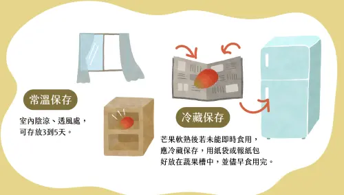 ▲農業部提醒，芒果未熟前可放在室內陰涼通風處，熟軟後若吃不完，建議用紙袋或報紙包好再放入冰箱蔬果槽冷藏。（圖／翻攝農業部官網）