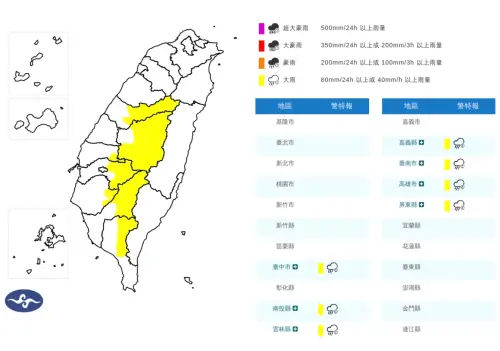 ▲午後對流雲系發展旺盛，易有短延時強降雨，中央氣象署已發布「大雨特報」。（圖／中央氣象署）