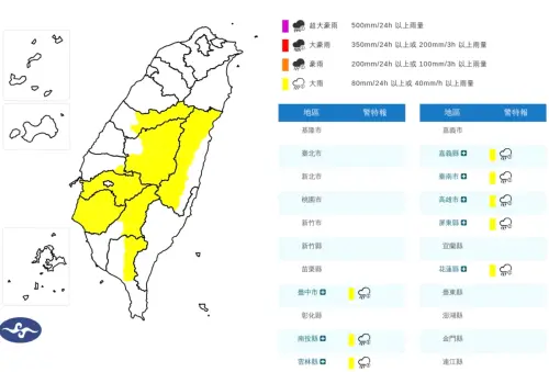 ▲午後對流雲系發展旺盛，易有短延時強降雨，中央氣象署已發布「大雨特報」。（圖／中央氣象署）